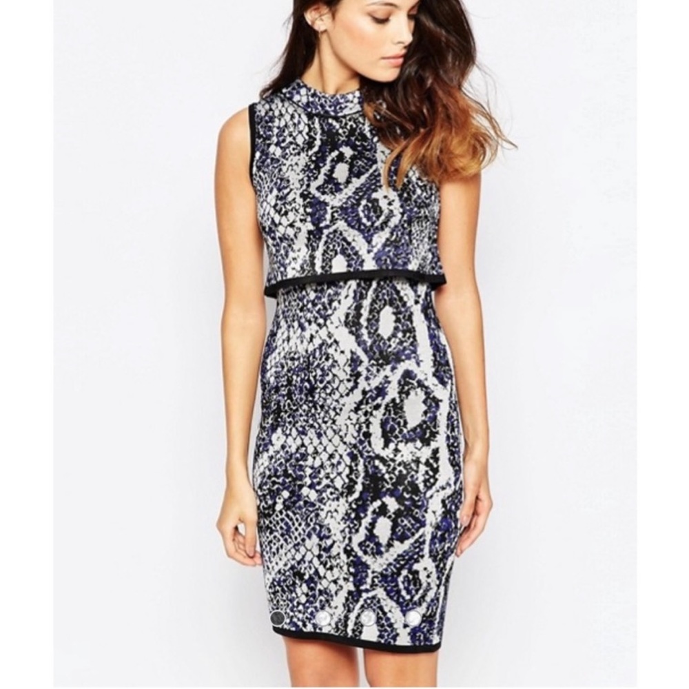 French Connection Spotlight blue black zippered snake print dress